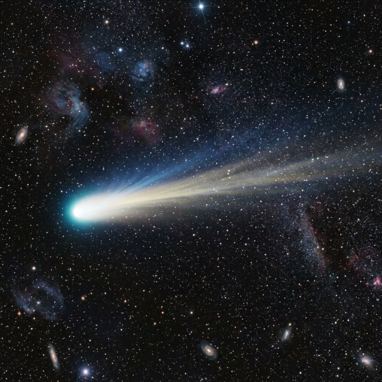 Bright comet with a long blue-white tail crossing a star-filled sky