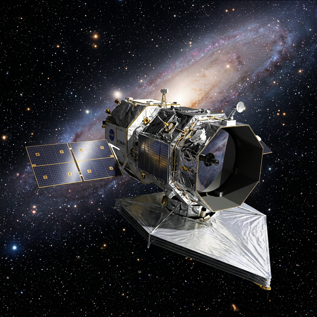 Space telescope labeled ROMAN with solar panels against a star field
