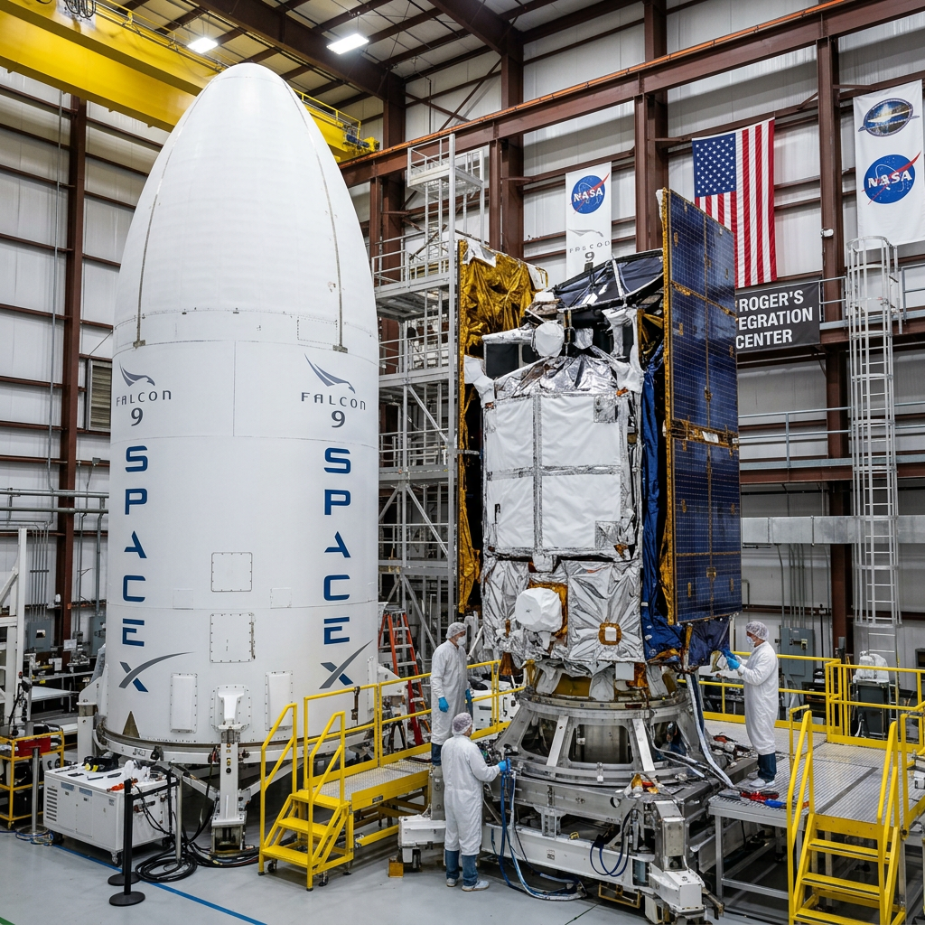 Technicians prepare a NASA spacecraft beside a Falcon 9 payload fairing