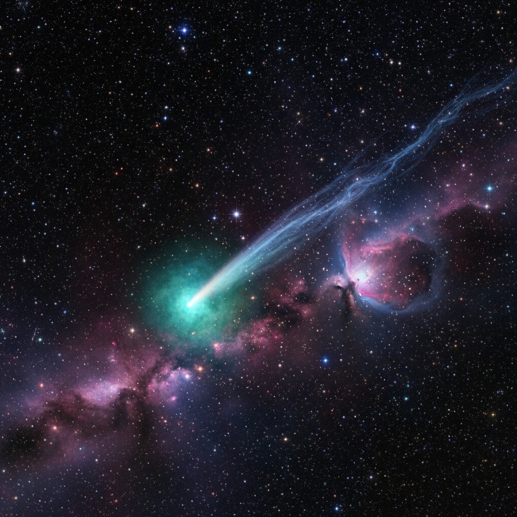 Um cometa com um núcleo verde brilhante e uma longa cauda azul atravessa um campo estelar repleto de nebulosas rosadas.