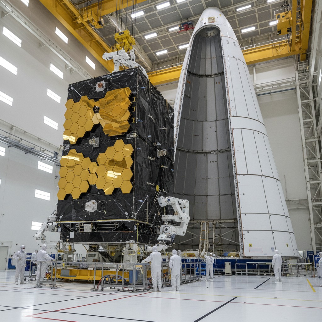 image Técnicos em trajes de proteção preparam o Telescópio Espacial James Webb para ser encapsulado na coifa do foguete dentro de uma sala limpa.